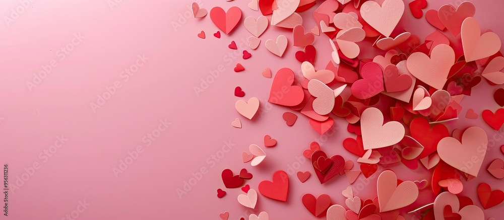 Fototapete pink and red heart cutouts of various sizes on pink background with copy space image in the center