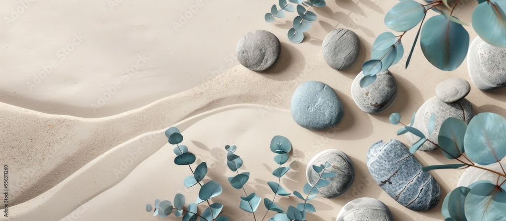 Aufkleber minimalistic background with round rock stones blue eucalyptus branches and beige sand ideal for pro