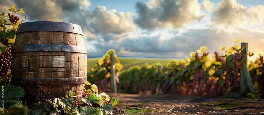 Poster Empty wooden wine barrel with a vineyard background serves as a copy space image for a product concept allowing for food drink and object placement