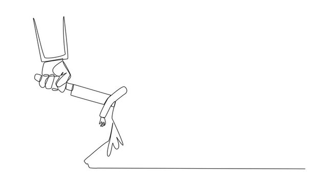 Animation of continuous one line drawing Arab businessman stabbed in back by large knife. Cheated to ruin by a colleague. An enemy disguised as a friend. The traitor. Full length motion