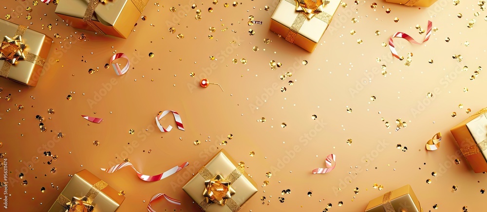 Poster top view of golden gift boxes alongside confetti on a colorful backdrop with copy space image