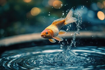 Goldfish Leaping from Water with Splash and Ripples
