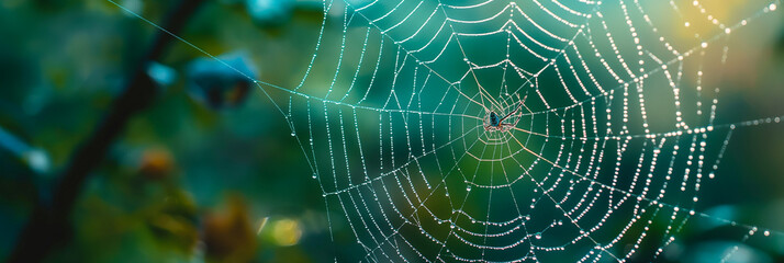 Conceptual image of a spider web with dew drops and a spider in the center against a background of green trees.