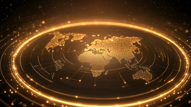 Glowing world map with golden accents on a dark background, representing connectivity and global presence.