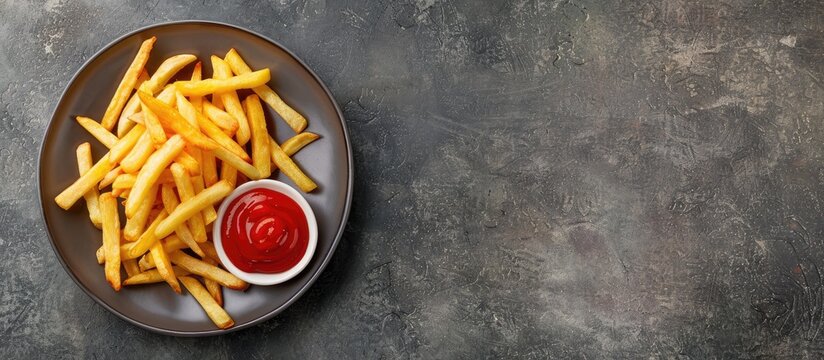 Top down view of homemade American French fries with ketchup on a plate with ample copy space image