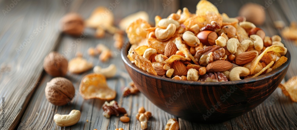 Poster close up of a bowl filled with crispy salty snacks like nuts and chips on a wooden backdrop perfect 