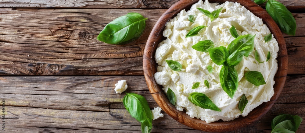 Leinwandbilder close up of fresh ricotta and basil on a rustic wooden table with ample copy space in the image