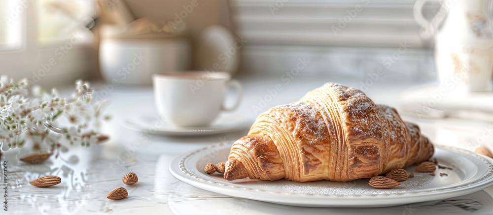 Poster almond croissant pastry displayed on a white table with a bright and inviting ambiance ideal for rec