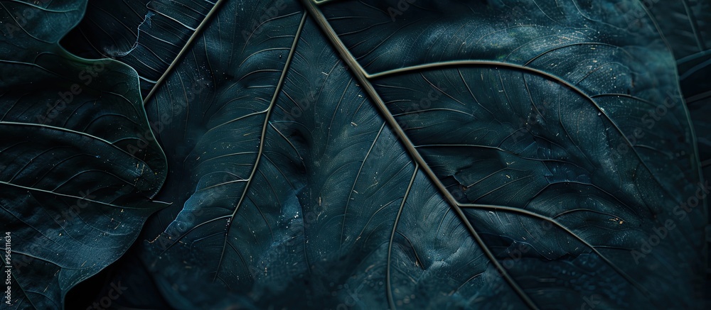 Poster Detailed close up of a dark green tropical leaf showcasing its intricate veins creating a stylized natural backdrop perfect for copy space image