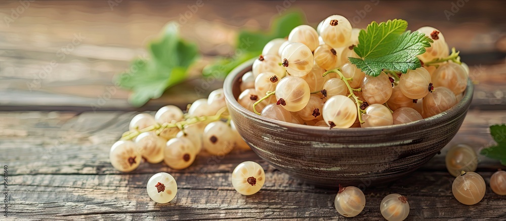 Aufkleber Close up view of a bowl with fresh white currant berries on a wooden table ideal for adding text in the empty area in the photo a copy space image