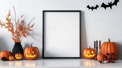 Mock-Up Poster Frame on White Table with Halloween Decoration and White Wall Background, 3D Illustration. AI generated illustration.