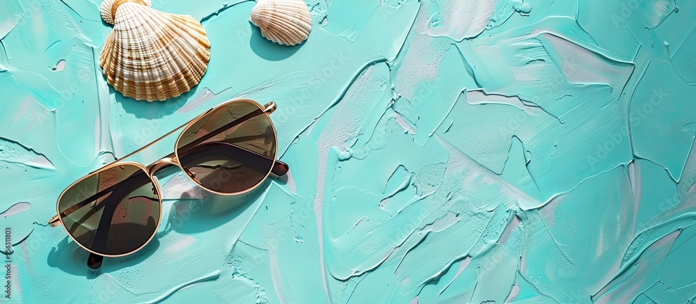 Poster top view flat lay of sunglasses on a summer background with a seashell providing copy space for text