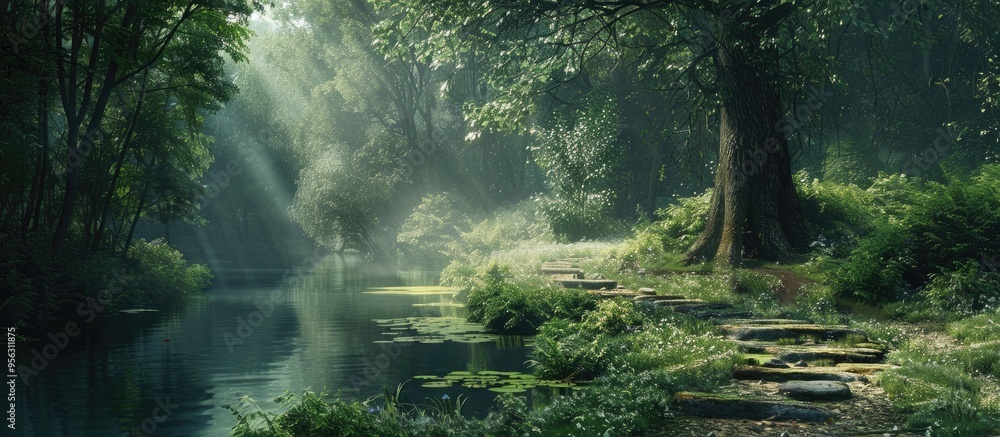 Poster scenic path on the forest s riverbank with a copy space image