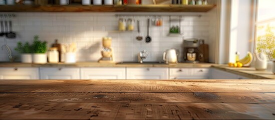 Obraz premium Blurry kitchen room background with a table top and copy space image