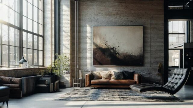 Modern industrial living room with large windows, brown leather sofa, abstract art on wall, and lounge chair in open loft apartment.