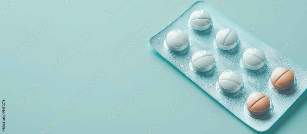 Poster top view of antibiotic pills in a blister pack set against a light blue backdrop with room for text 