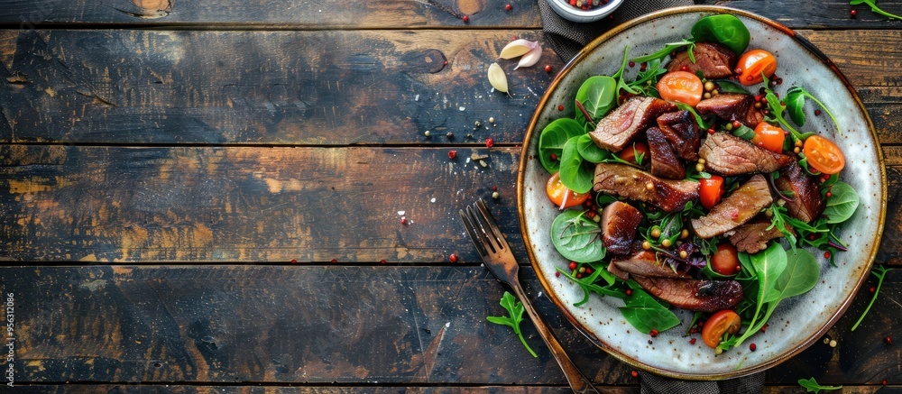 Aufkleber Smoked duck meat salad with natural fresh ingredients placed on a rustic table with a top view for a copy space image