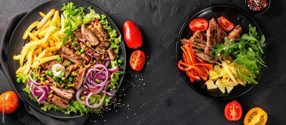 Poster Top down view of doner kebab or gyros served on a plate with fries veggies and salad on a black backdrop with ample copy space image