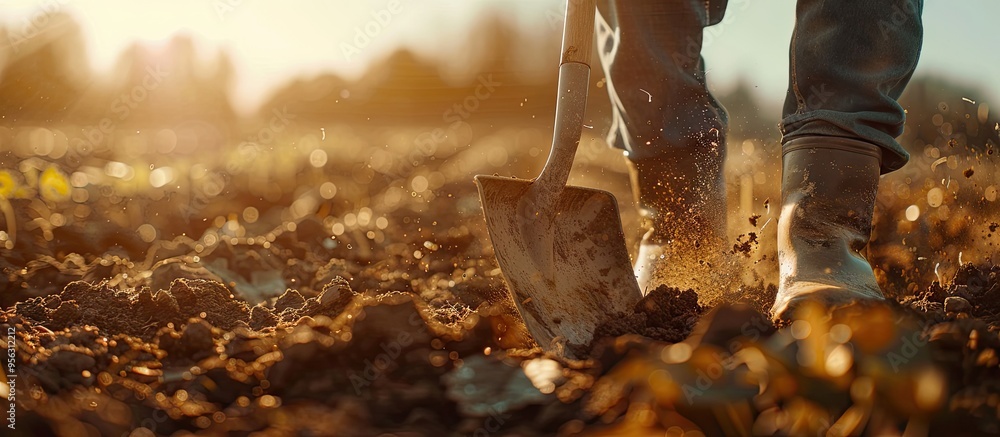 Poster close up shot of a farmer using a shovel to dig soil on a sunny day with a designated area for text 