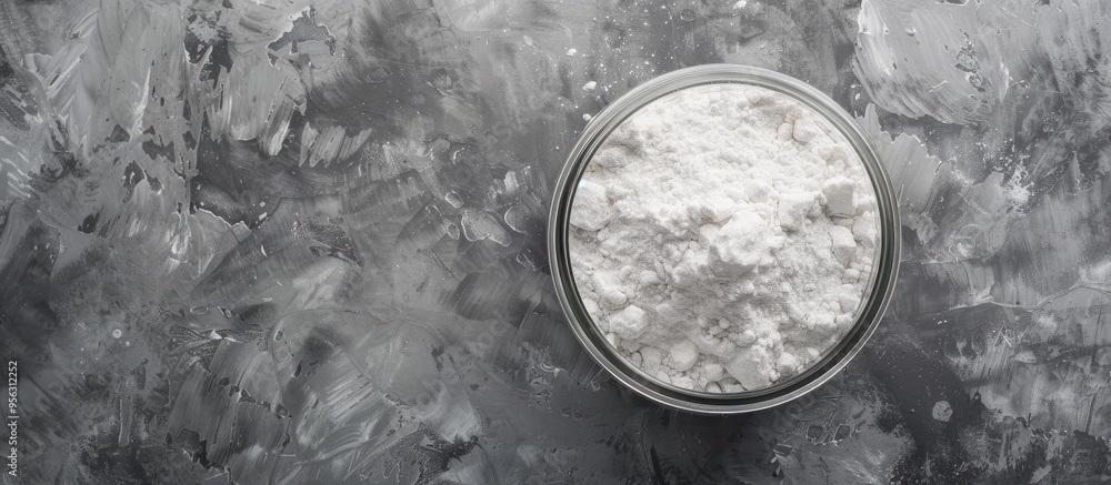 Poster Top view of a glass jar containing baking soda on a grey table providing ample space for text in the image