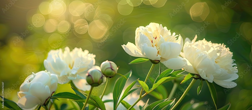 Fototapete blooming white peonies close up in a spring garden with a green natural background creating a beauti