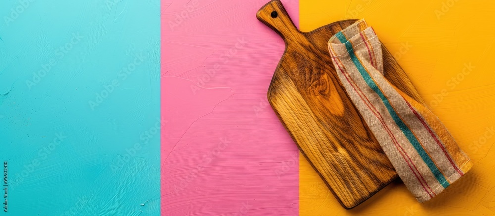 Leinwandbilder Top view of a cutting board with a napkin on a colorful background perfect for copy space image
