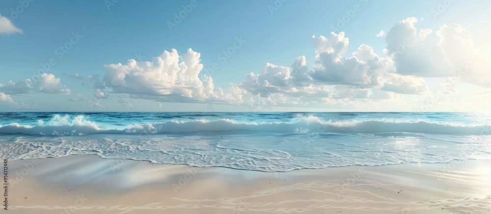 Poster Panoramic beach view with a sandy beach and sunny skies The tropical beach is empty offering a seascape with copy space image The scene features white sand calmness and a serene summer ambiance