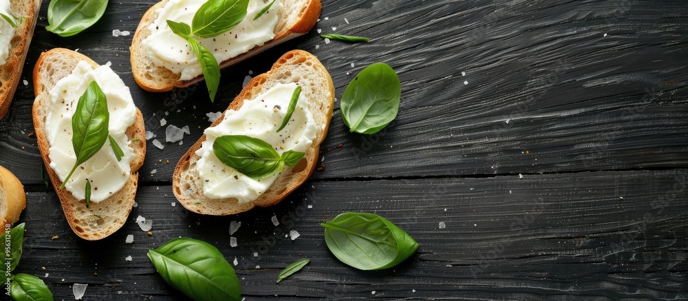 Poster A black wooden table adorned with slices of bread topped with cream cheese and basil offering a vacant area for text in the composition. Creative banner. Copyspace image