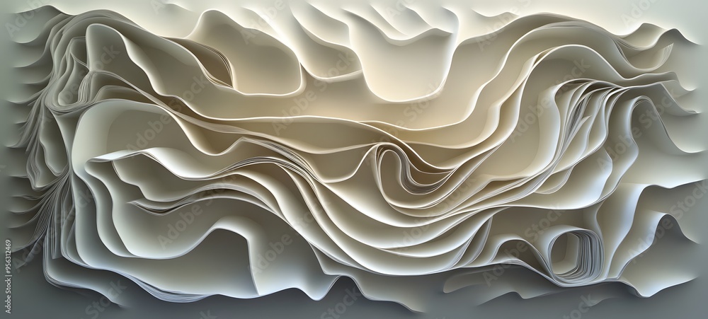 Poster 22. textured, layered paper cutouts forming a flowing, abstract 3d pattern with a sense of depth and