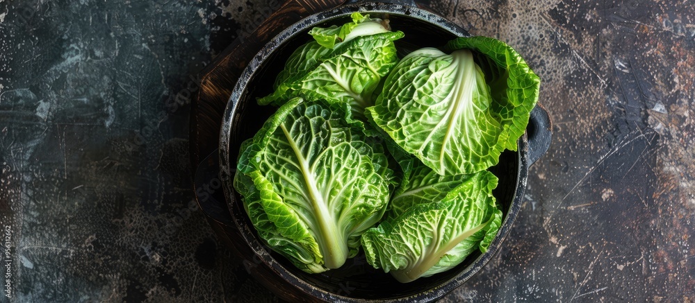 Poster Chinese cabbage pickled and fermented in a pan with a wooden backdrop viewed from above providing a space for additional images