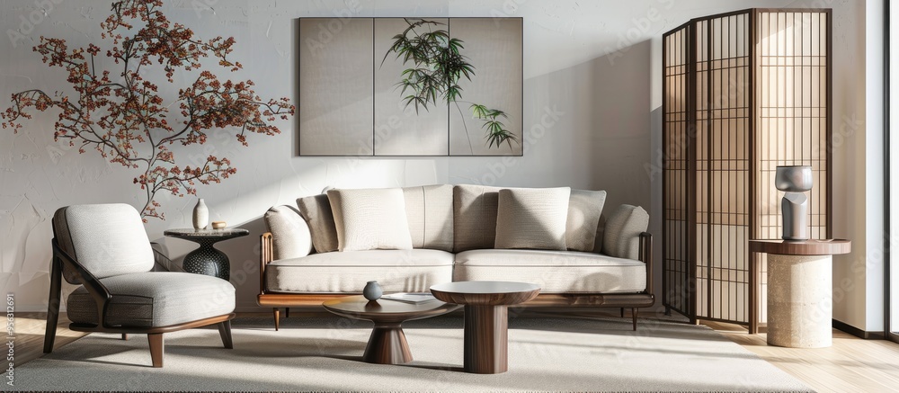 Poster Living room interior featuring a sofa armchair and a folding screen with room for text or images perfect for a copy space image