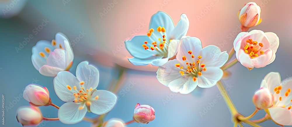 Poster front view of blooming small pinkish white flowers with yellow stamens in macro shot against a blurr