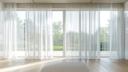Fototapeta premium a minimalist bedroom with large windows and sheer white curtains
