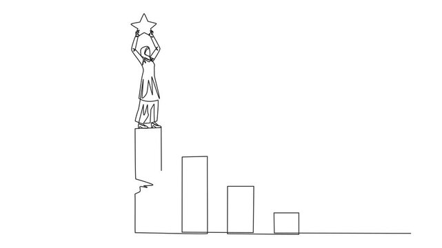Self drawing animation of single continuous line drawing Arab businesswoman achieves highest honors. The hypocrite who doesn't like business partner's happiness. Thorn in flesh. Full length animated