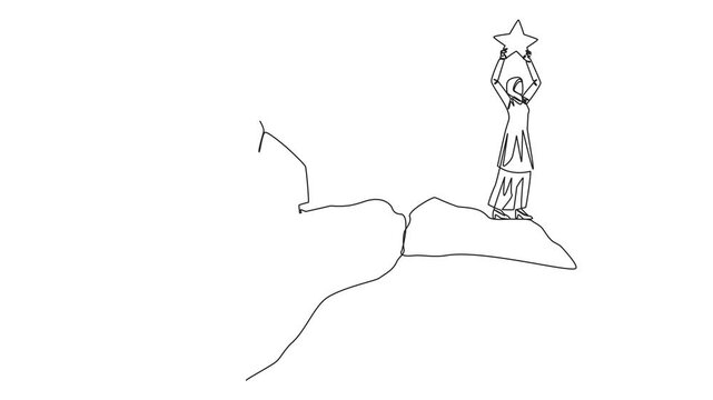 Animated self drawing of single one line drawing Arabian businesswoman standing on edge of cliff holding up a star. Hypocrite partner want to destroy the achievement. Full length single line animation