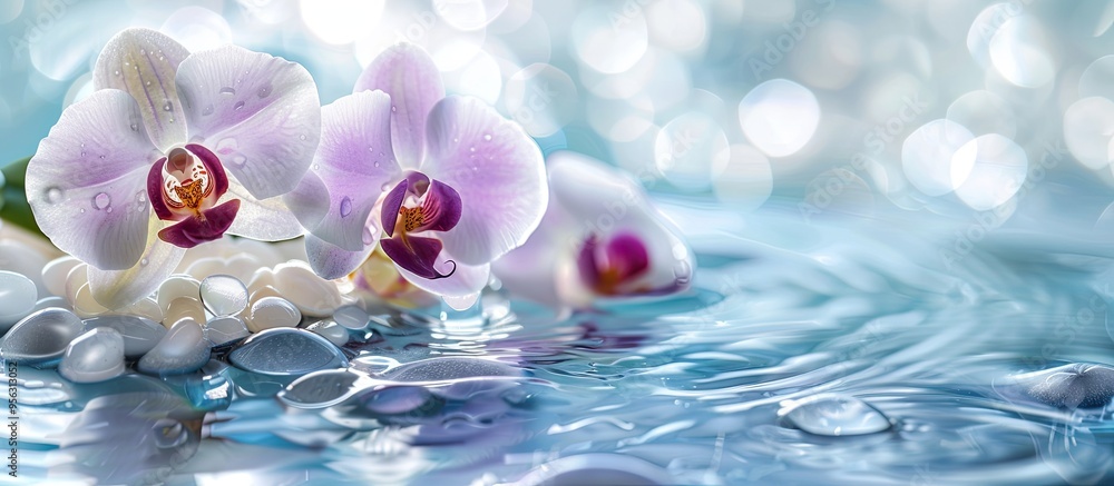 Aufkleber Purple and white orchids set on a water surface ideal as a concept banner for spa products The serene image conveys a theme of mental relaxation and aromatherapy with copy space for text