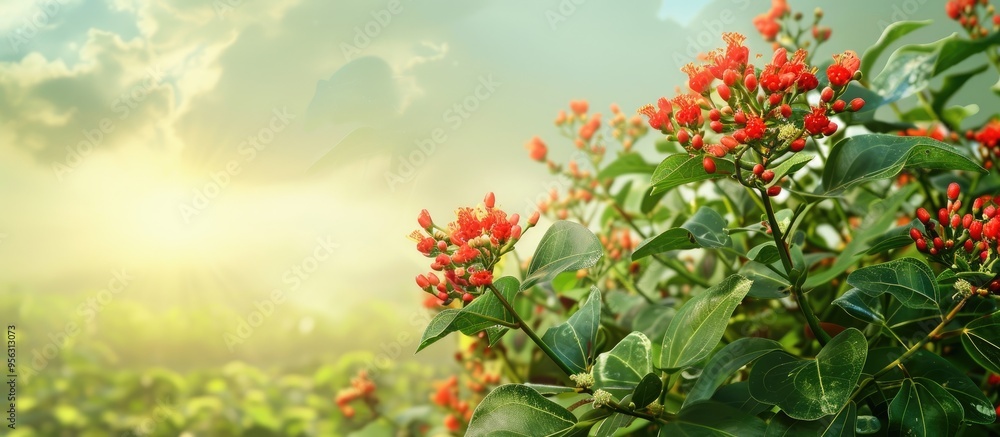 Poster jatropha plant with red flowers and green leaves against a green background and sky suitable for a c