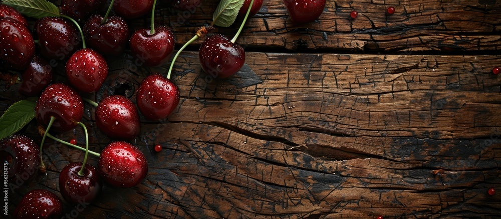 Aufkleber Top down view of ripe cherries displayed against a rustic wooden backdrop ideal for a copy space image