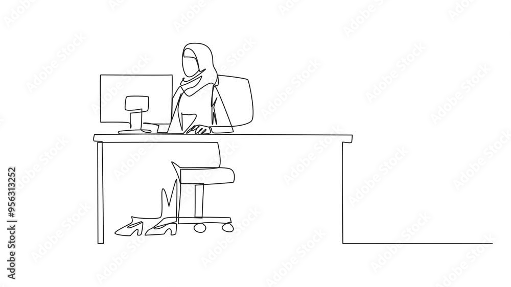 Aufkleber animated self drawing of continuous line drawing arab businesswoman typing at computer. trapped by b