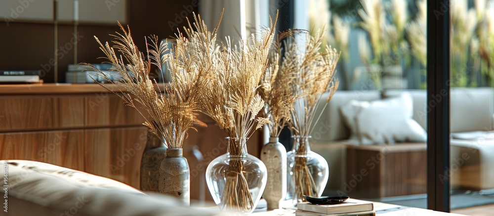 Aufkleber dry reeds in vases placed on the coffee table by the sofa and on the dresser in the living room with