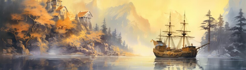 Naklejka premium Abandoned pirate ship, glowing with cursed gold, eerie fog, Watercolor style
