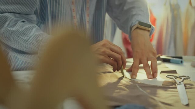 Woman. Active woman experimenting with shapes marks lines on textile fabric in creative room. Fashion designer draws lines for cutting with scissors studies fashion trends, clothing design