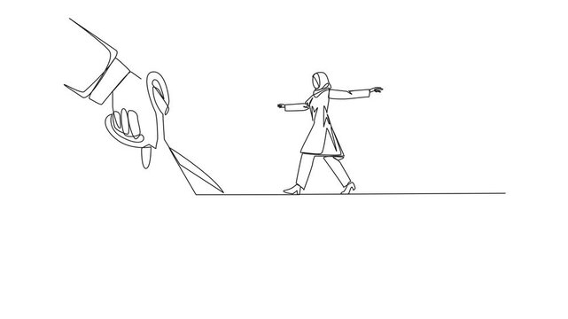 Animation of continuous one line drawing Arab businesswoman walking across on tightrope. Metaphor pursuing a career. Ruined by traitors. Fake friend. Business sabotaged. Full length motion