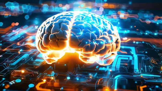 Glowing sparkling digital human brain surrounded by circuitry representing artificial intelligence and technology