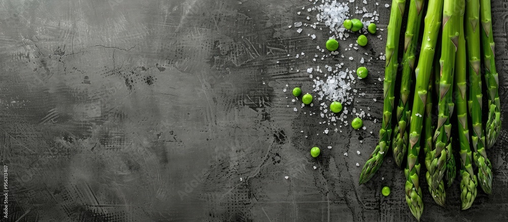 Poster top view of fresh green asparagus next to sea salt on a textured grey table with ample space for tex
