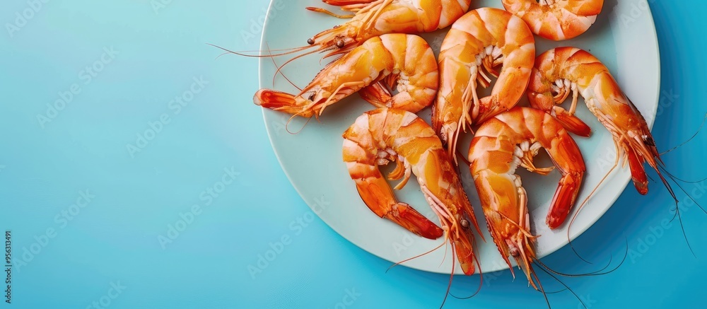 Leinwandbilder plate with delicious boiled shrimp arranged neatly on a blue backdrop ideal for use as a copy space 
