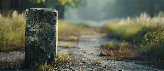 Vintage milestone beside the road with a rustic appearance suitable for a copy space image