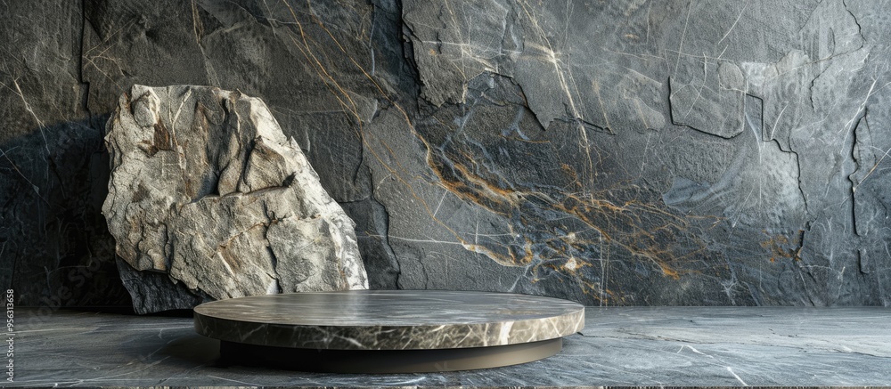 Poster background of podium made of natural stones with spacious copy space image