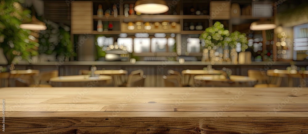 Poster empty wooden counter and shelf surface over a blurred restaurant background ideal for displaying pro
