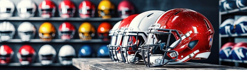 Technicians aligning face masks on American football helmets, precision and care, well-lit maintenance room.